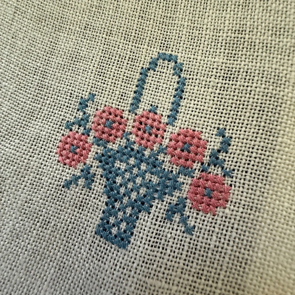 Vintage Cross Stitch Linen Table Runner Blue Pink Floral Bird Fringed Trim